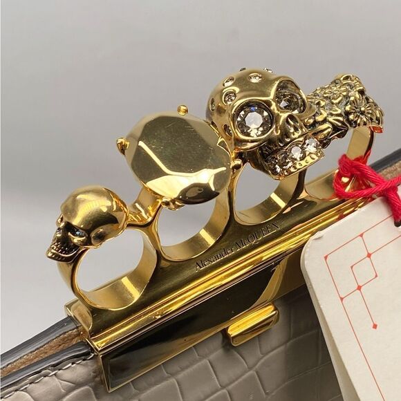 Alexander McQueen Four-Ring Knuckle Clasp Croc Embossed Leather Clutch - Picture 9 of 12